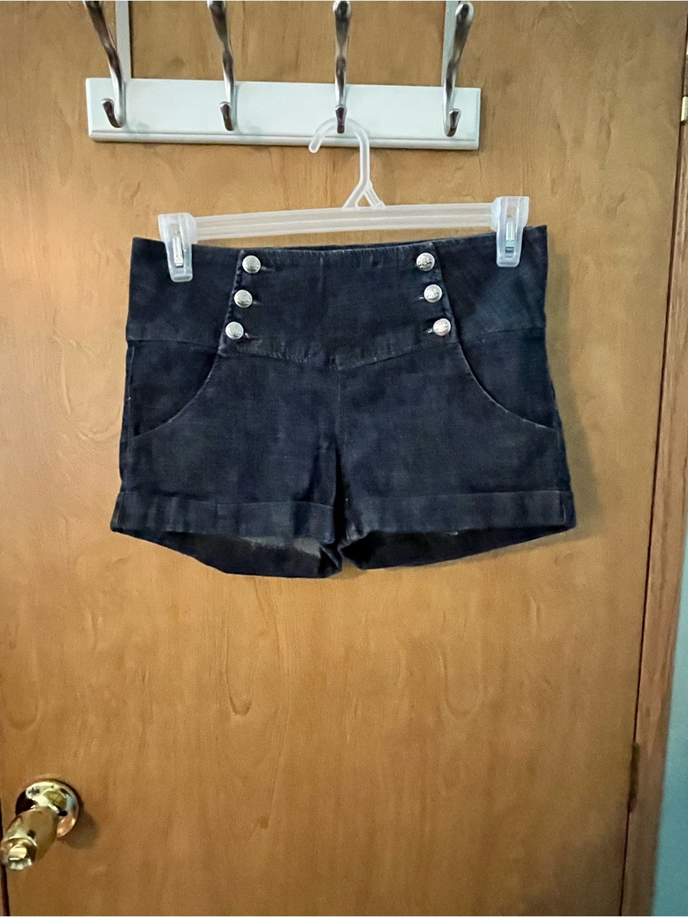 Sneak Peek Women Dark Blue Button Sailor Shorts SZ Large Waist 32” Rise 10” EUC